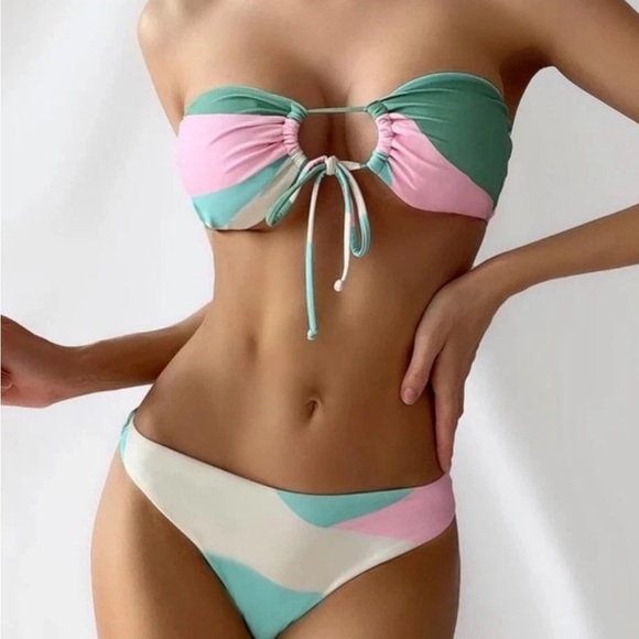 NEW SHEIN Teal Pink Stripe Strapless Bikini Swimsuit BEACH 2 Pc Woman L Fashion - Picture 1 of 9
